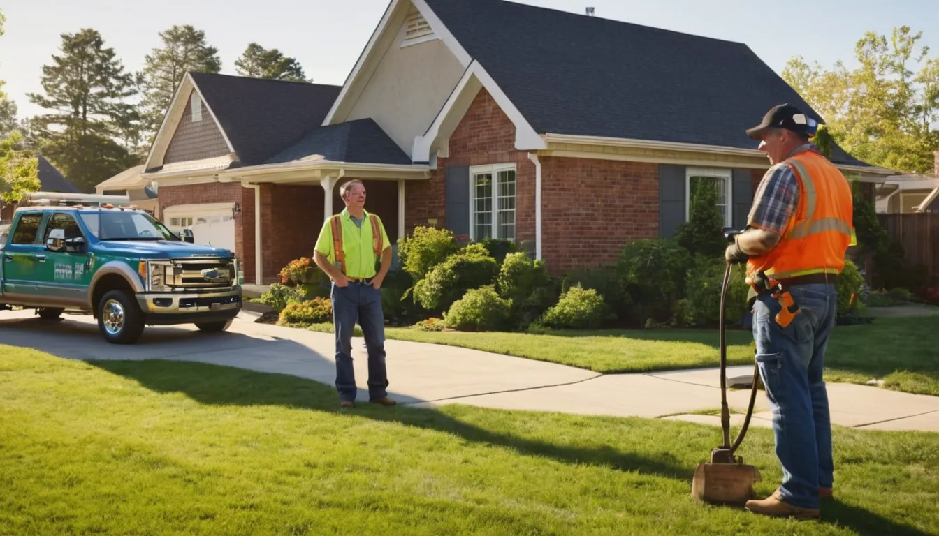 A friendly provider talking with a homeowner beside a septic tank access lid in a Warrior backyard