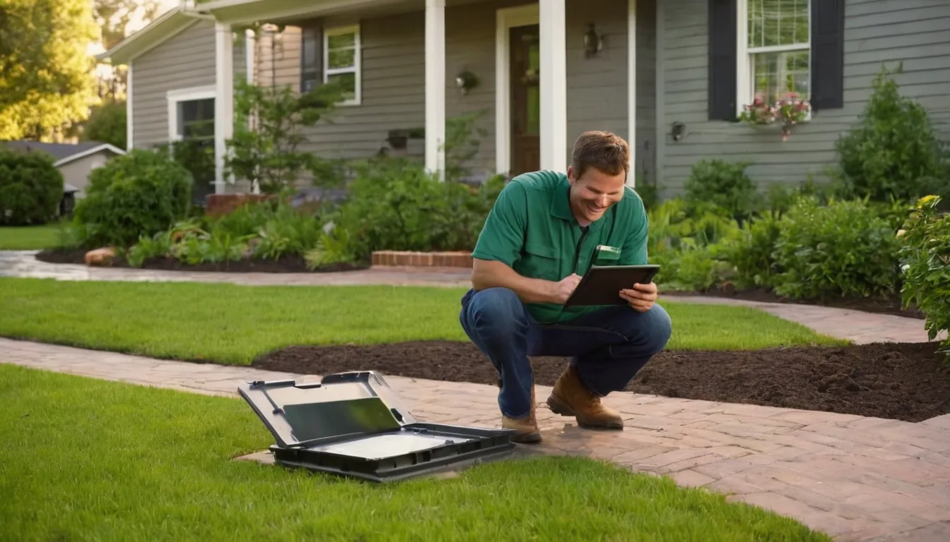 Friendly septic provider and homeowner talking beside an open septic tank lid in a Warrior backyard
