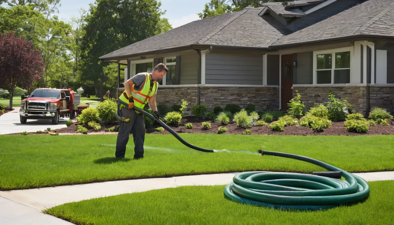 Friendly septic provider pumping a residential tank beside a ranch-style home in Warrior